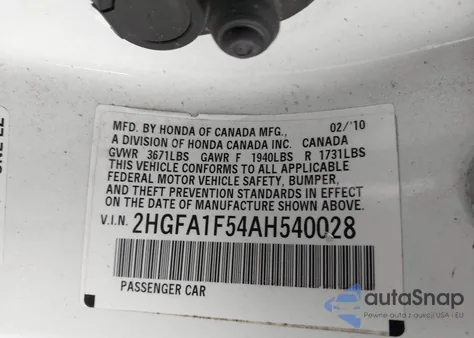 2010 Honda Civic Lx z USA, uszkodzony, nr VIN 2HGFA1F54AH540028